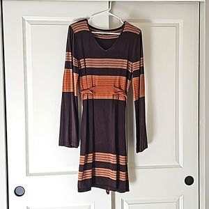 Prana Brown Striped Sydney Bell Sleeve Belted Dress